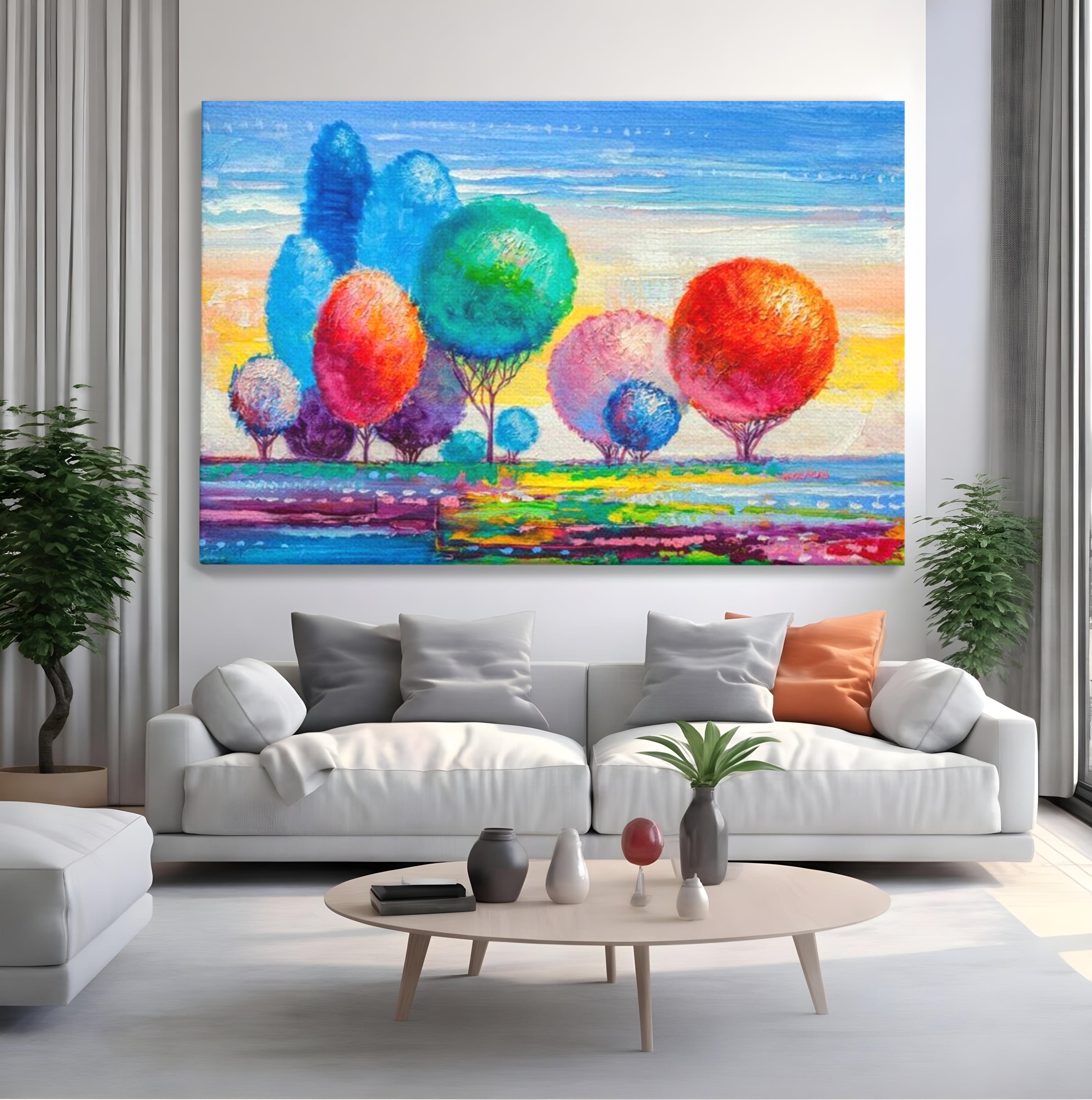 Tablou canvas cu tablou pictura cu copaci cu coroane rotunde sferice, fara rama, pe sasiu de lemn, pe perete intr-un living